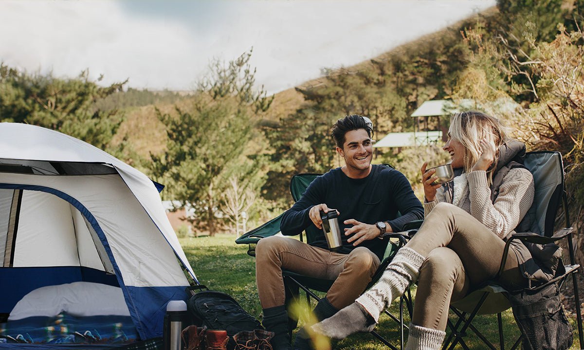 Family camping tent set up outdoors