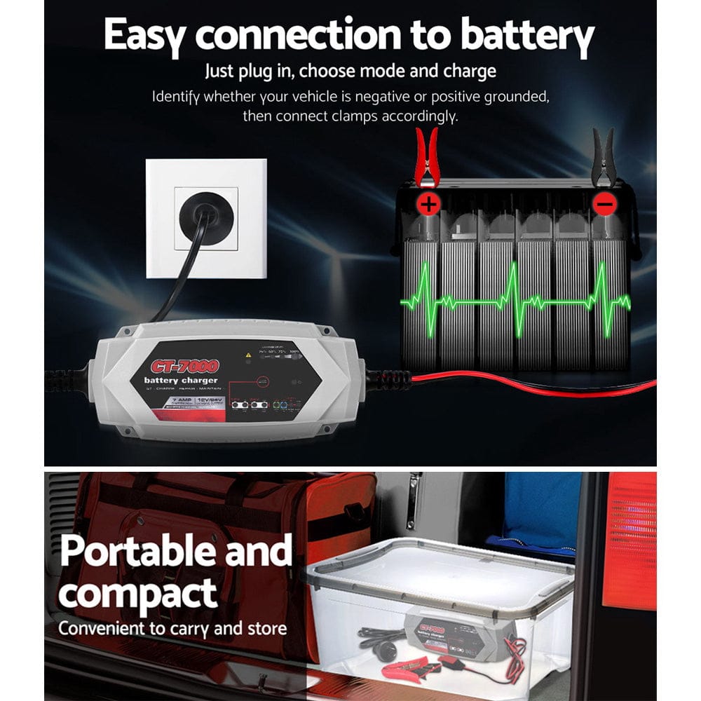 12V Automotive Car Battery Charger 24V 7Amp Vehicle Truck Chargers AGM - SportZone.co.nz