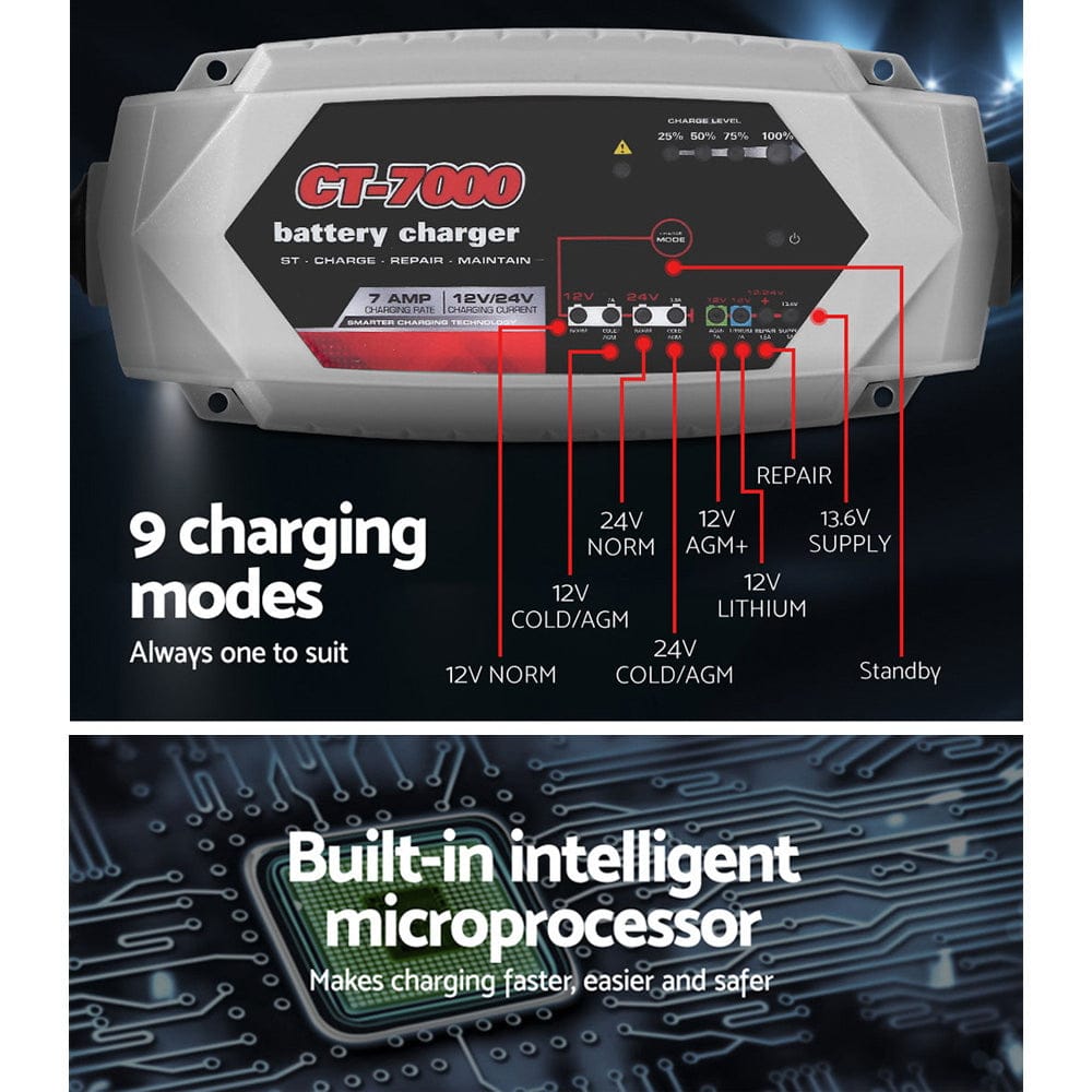 12V Automotive Car Battery Charger 24V 7Amp Vehicle Truck Chargers AGM - SportZone.co.nz