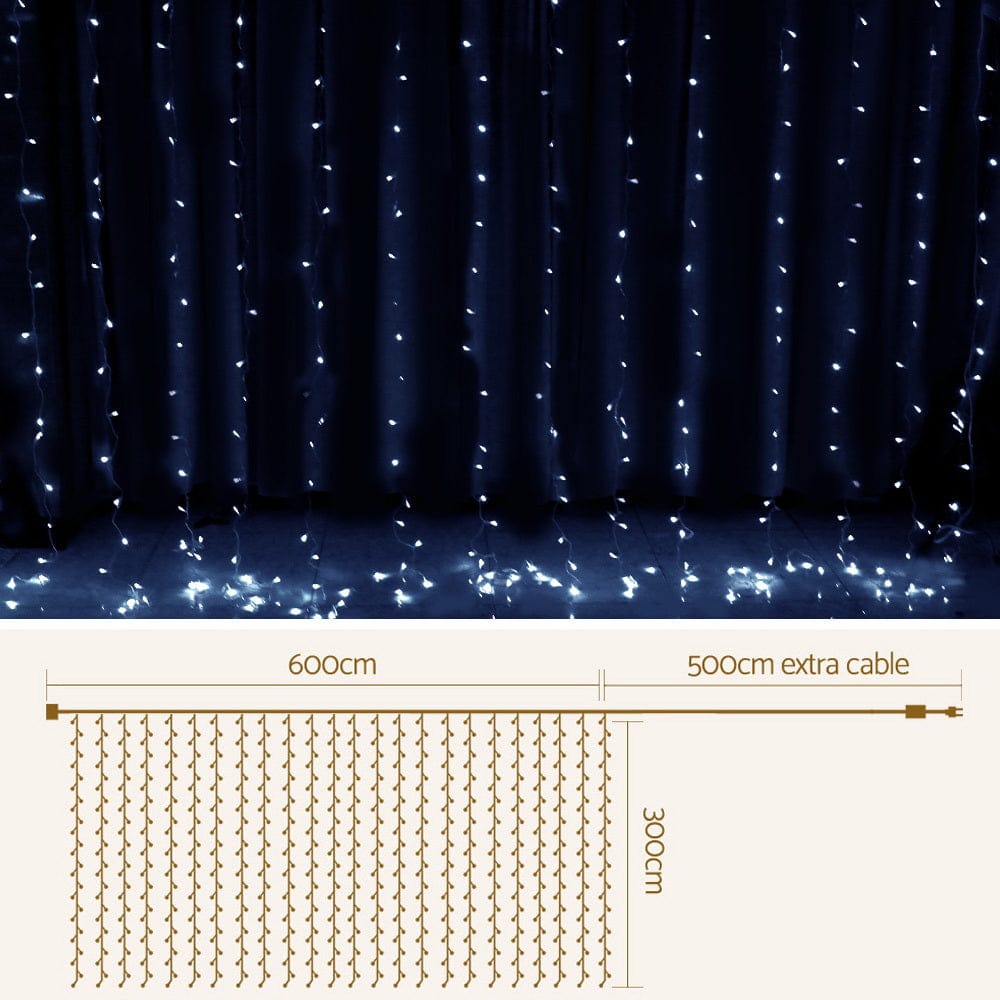 3X6M Christmas Lights Curtain Light Cool White 600 LED Jingle Jollys - SportZone.co.nz