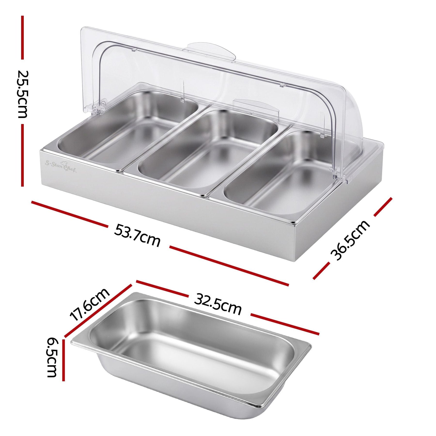 5-Star Chef 3 Pan Food Serving Display Stainless Steel with Clear Roll Top Cover - SportZone.co.nz