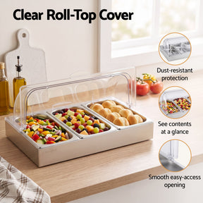 5-Star Chef 3 Pan Food Serving Display Stainless Steel with Clear Roll Top Cover - SportZone.co.nz