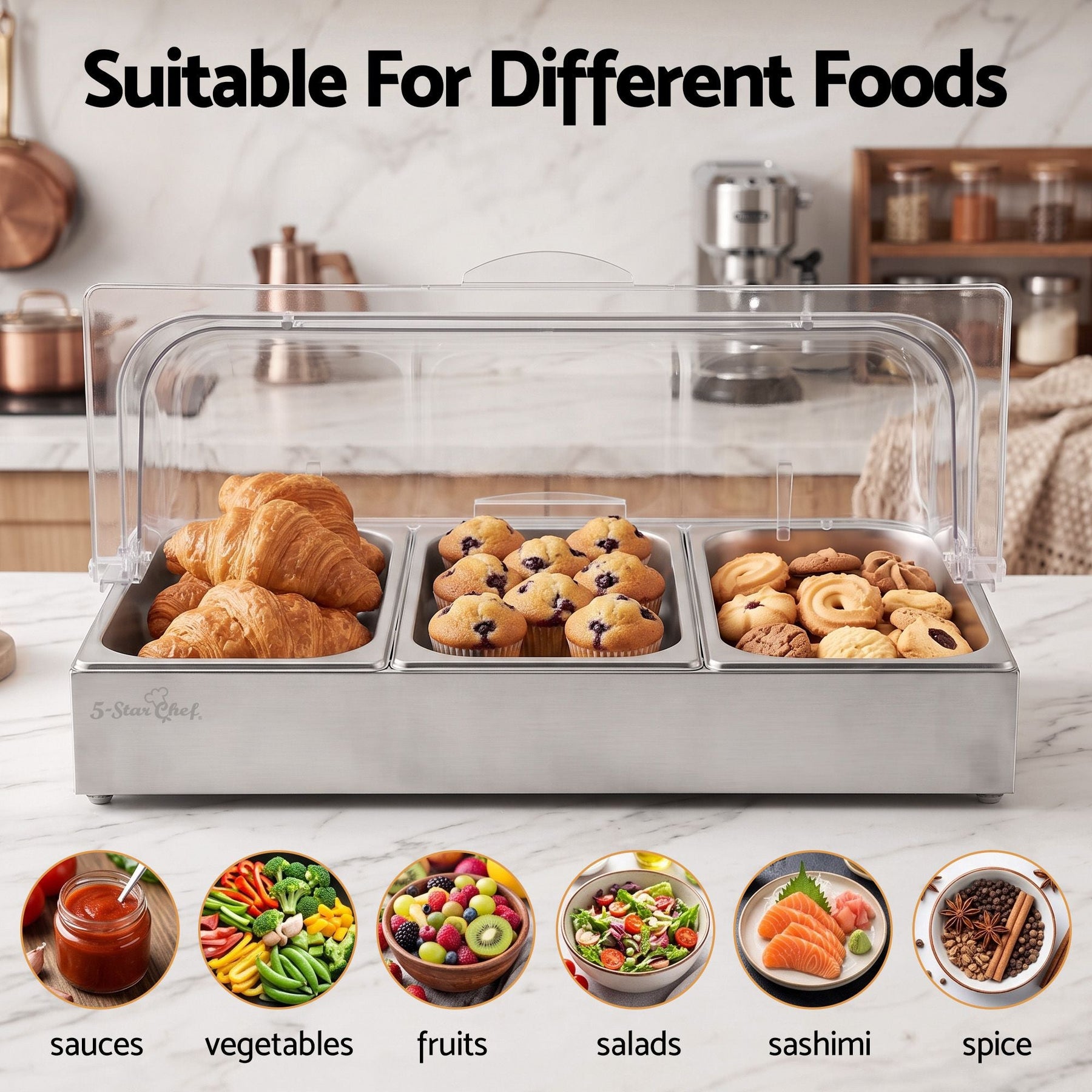 5-Star Chef 3 Pan Food Serving Display Stainless Steel with Clear Roll Top Cover - SportZone.co.nz