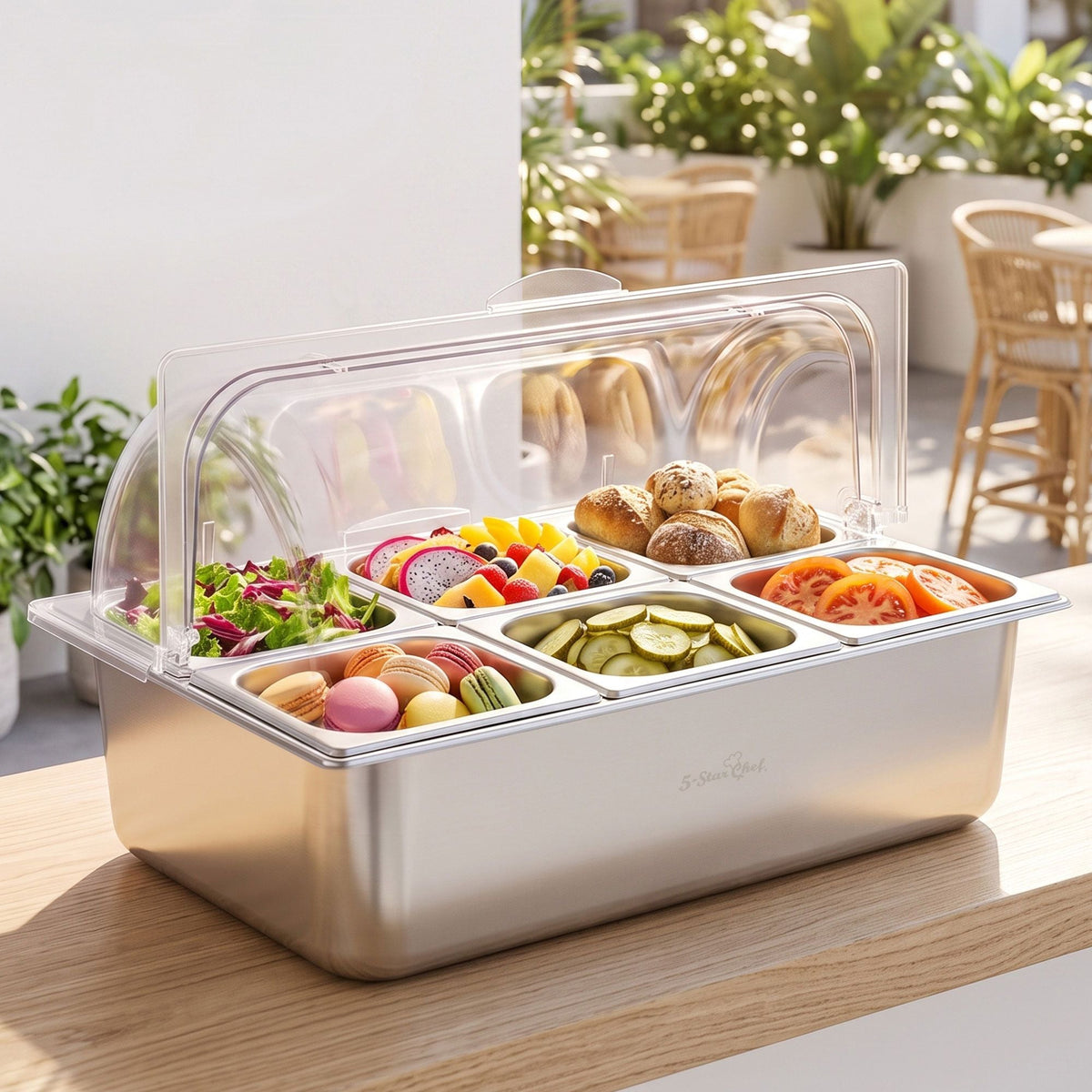 5-Star Chef 6 Pan Food Serving Display Stainless Steel Cooler Platter with Clear Roll Top Cover - SportZone.co.nz