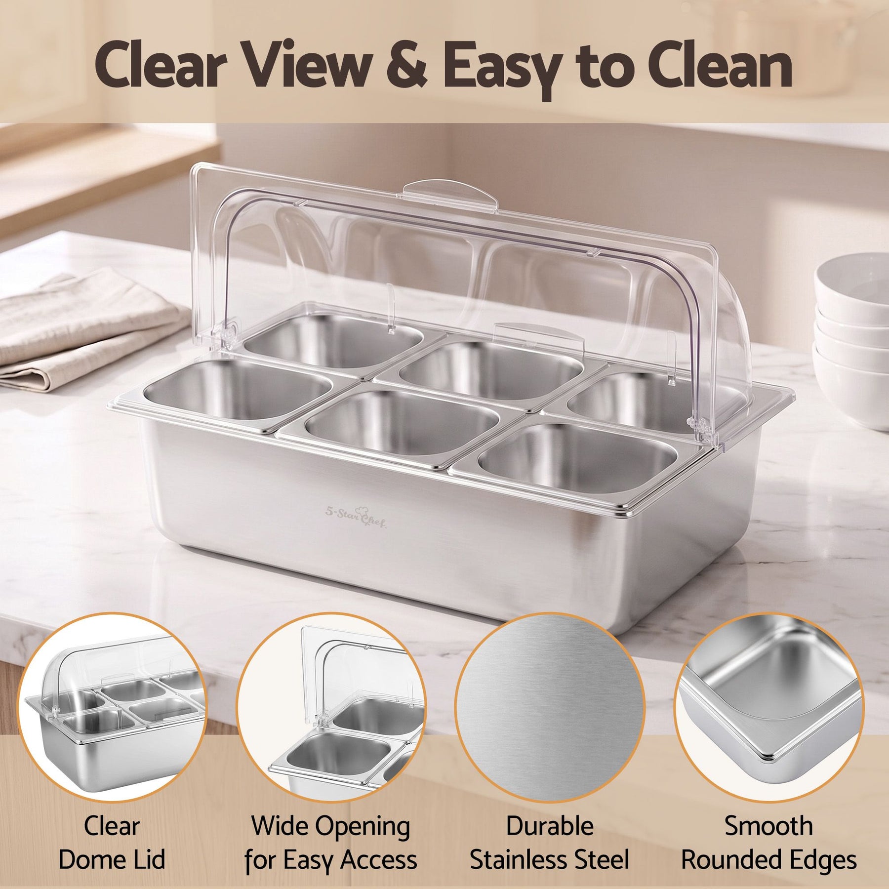 5-Star Chef 6 Pan Food Serving Display Stainless Steel Cooler Platter with Clear Roll Top Cover - SportZone.co.nz