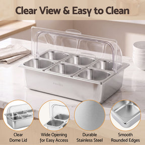 5-Star Chef 6 Pan Food Serving Display Stainless Steel Cooler Platter with Clear Roll Top Cover - SportZone.co.nz