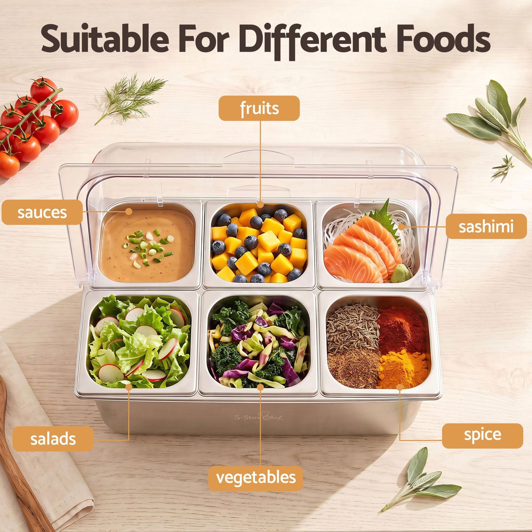 5-Star Chef 6 Pan Food Serving Display Stainless Steel Cooler Platter with Clear Roll Top Cover - SportZone.co.nz