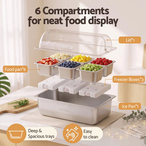 5-Star Chef 6 Pan Food Serving Display Stainless Steel Cooler Platter with Clear Roll Top Cover - SportZone.co.nz