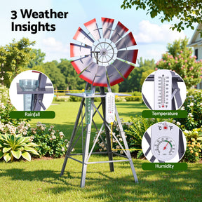 Gardeon Garden Windmill Metal Weather Station with Rain Gauge 122cm Silver
