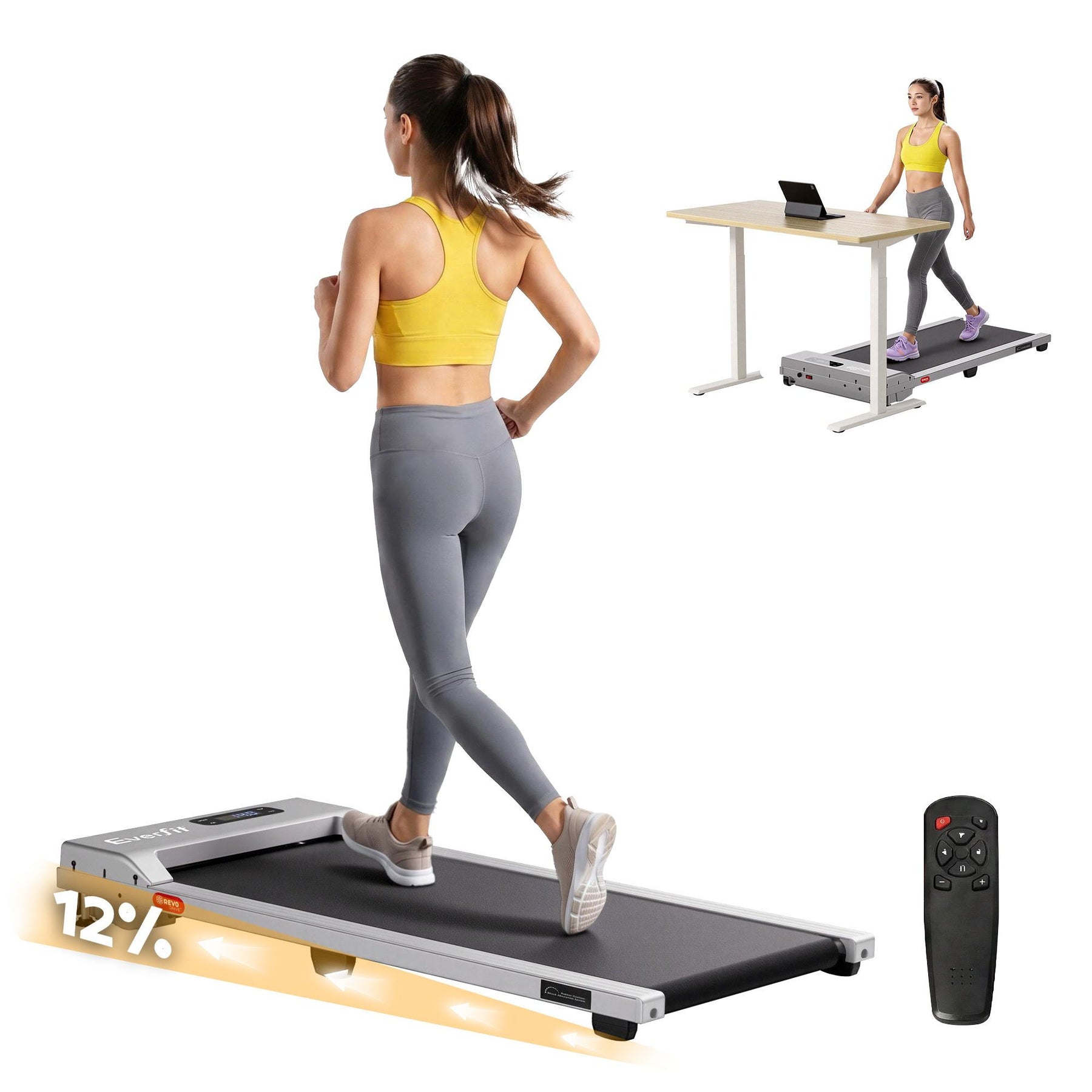 Everfit 3 in 1 Walking Pad Treadmill 12% Incline Under Desk Treadmills for Home Gym With 38cm Wide Belt Silver