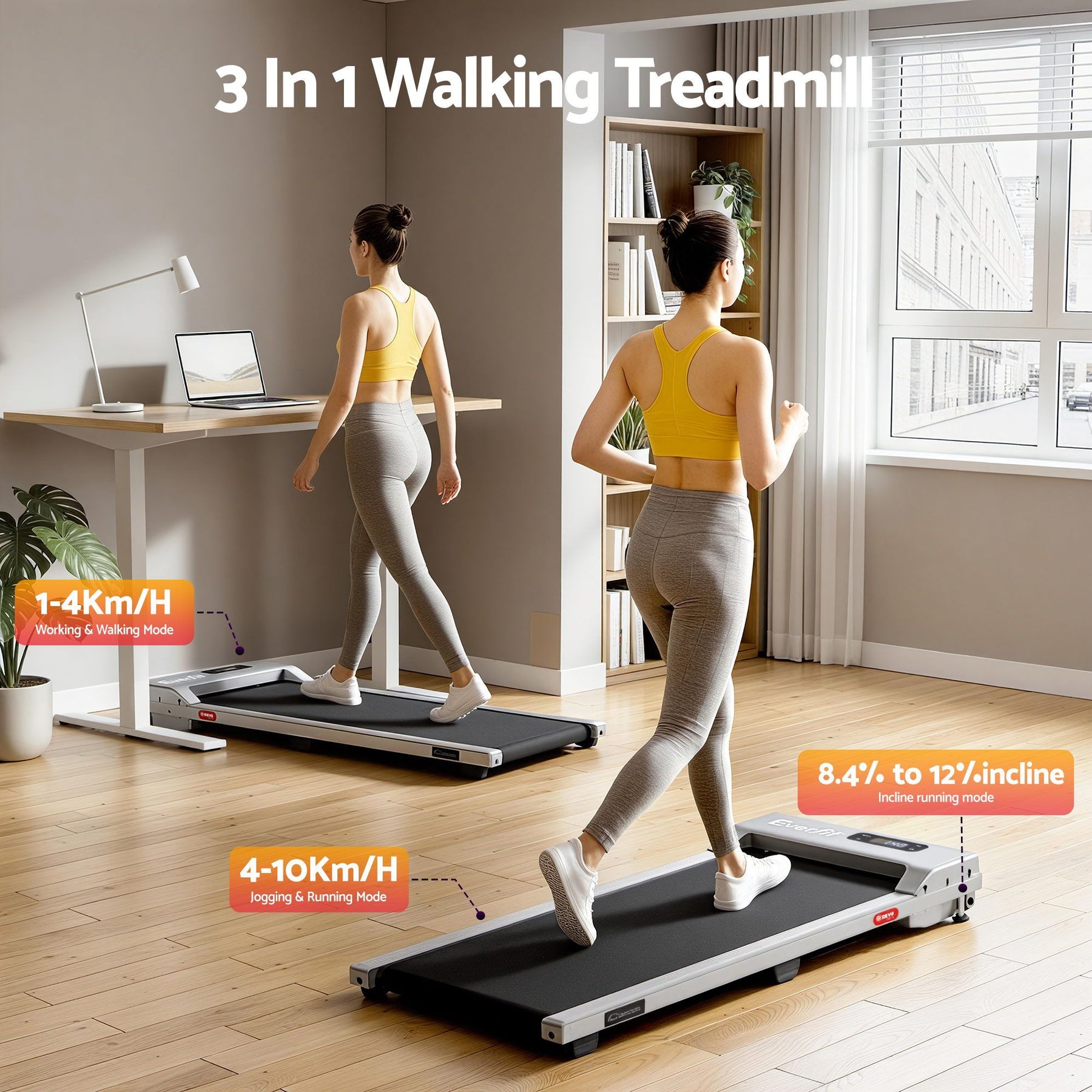 Everfit 3 in 1 Walking Pad Treadmill 12% Incline Under Desk Treadmills for Home Gym With 38cm Wide Belt Silver