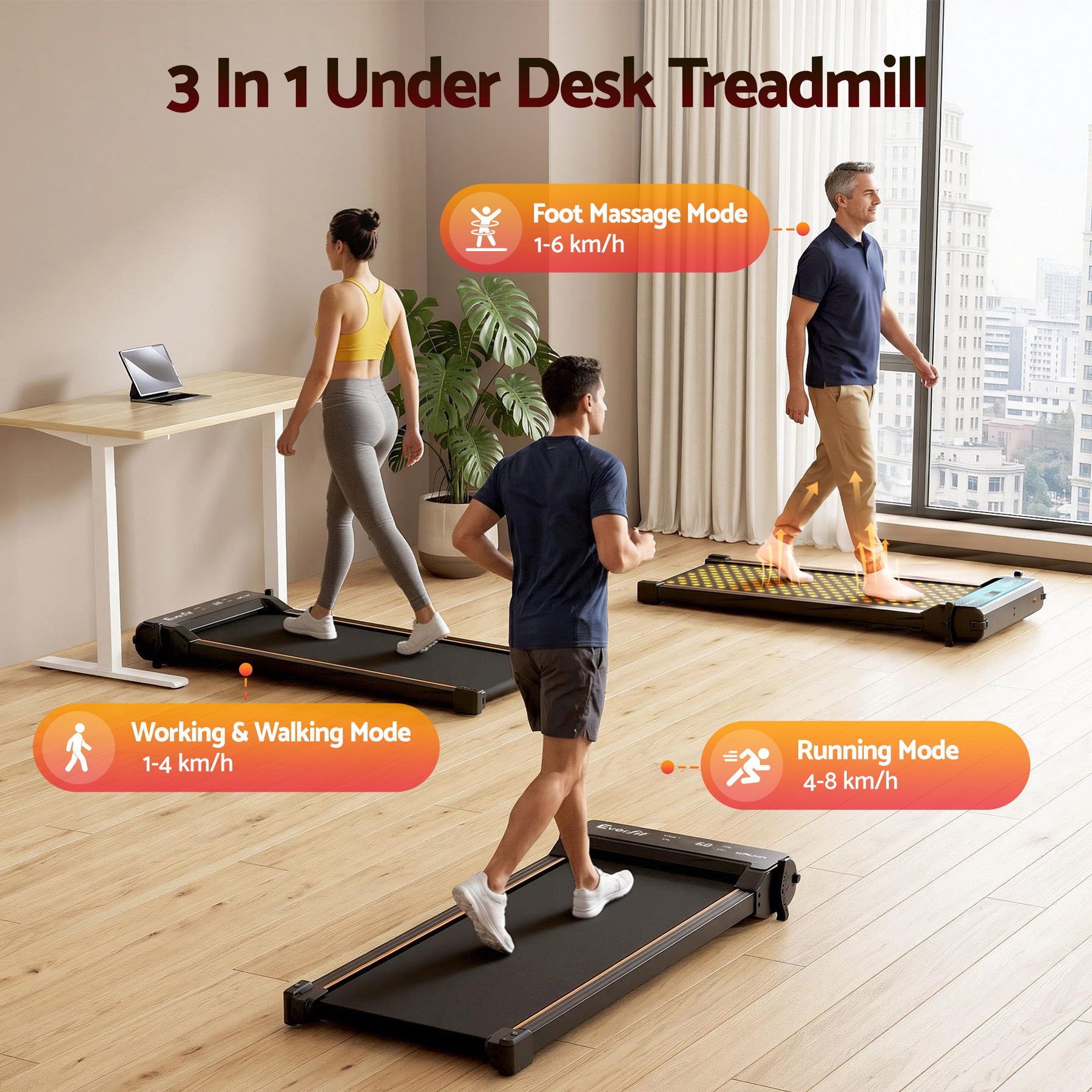 Everfit 2-in-1 Walking Pad Treadmill Under Desk with App & Foot Massage