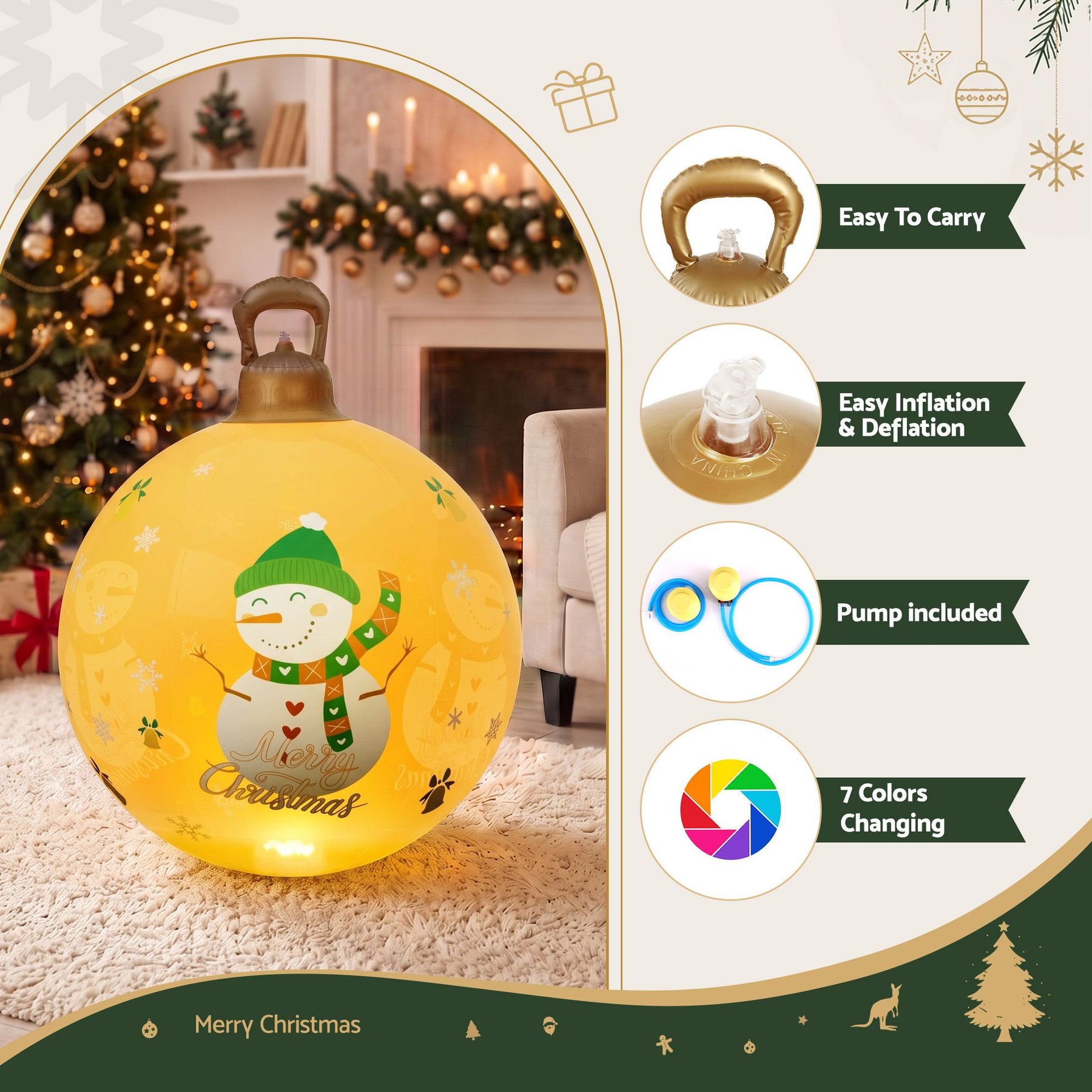 Jingle Jollys Christmas Inflatable Ball 60cm Led Illuminated Snowman Xmas Decor