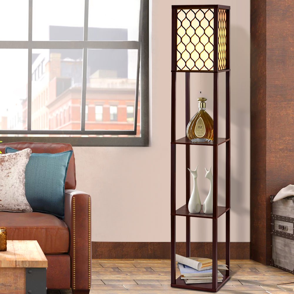 Artiss Floor Lamp 3 Tier Shelf Storage LED Light Stand Home Room Pattern Brown - SportZone.co.nz