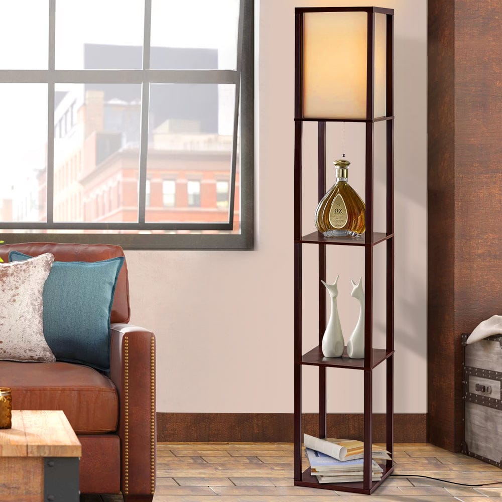 Artiss Floor Lamp 3 Tier Shelf Storage LED Light Stand Home Room Vintage Brown - SportZone.co.nz