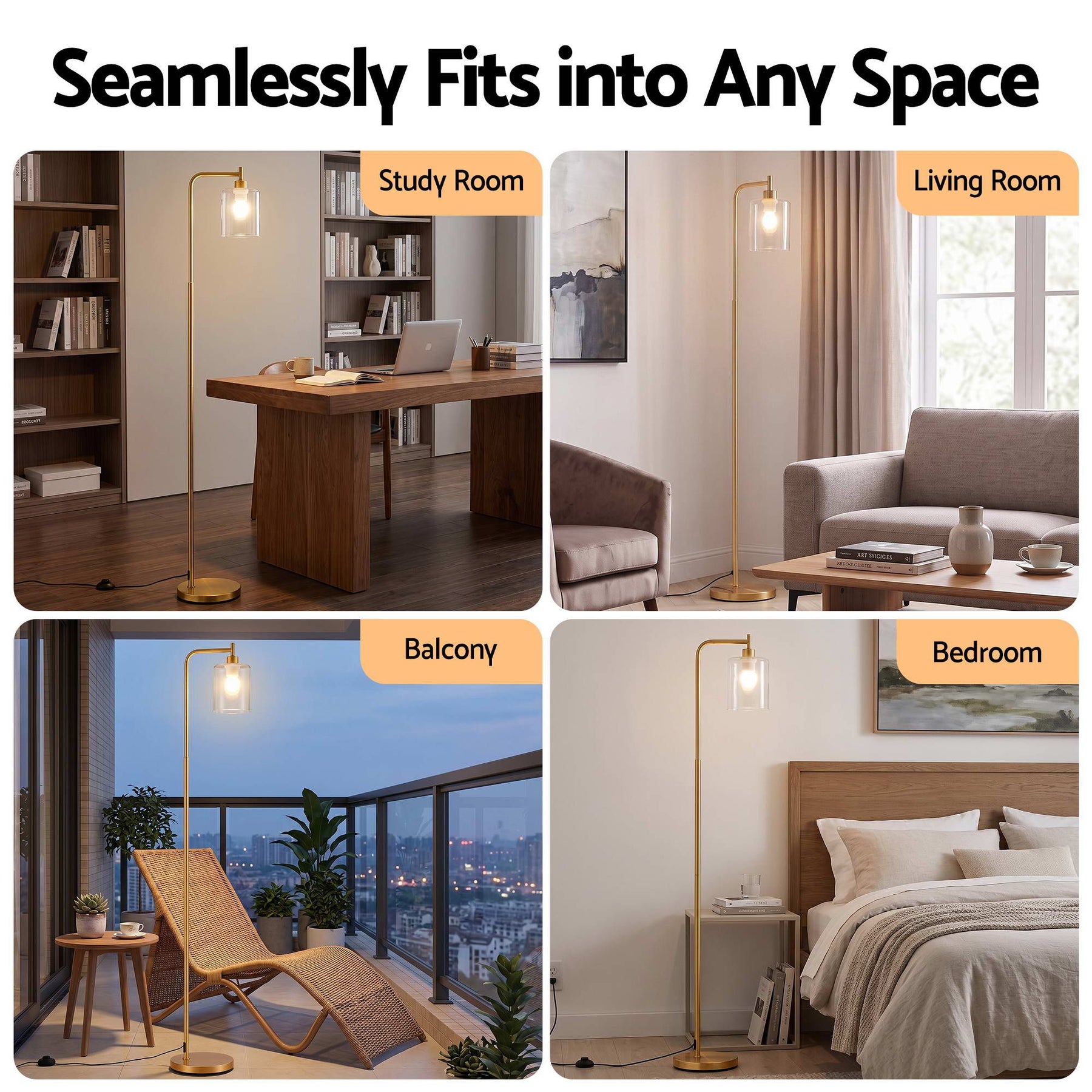 Artiss Floor Lamp Modern Industrial Standing Light with Clear Glass Shade, GoldMetal Tall Lamp for Living Room, Bedroom & Office, Anti-Tipping Weighted Base & Foot Switch (Bulb Not Included) - SportZone.co.nz