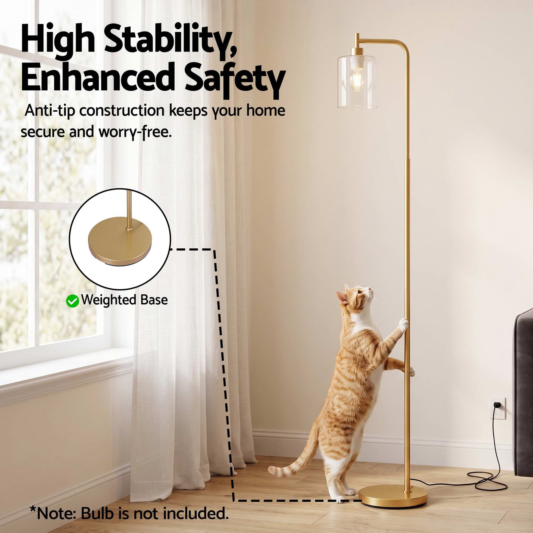 Artiss Floor Lamp Modern Industrial Standing Light with Clear Glass Shade, GoldMetal Tall Lamp for Living Room, Bedroom & Office, Anti-Tipping Weighted Base & Foot Switch (Bulb Not Included) - SportZone.co.nz