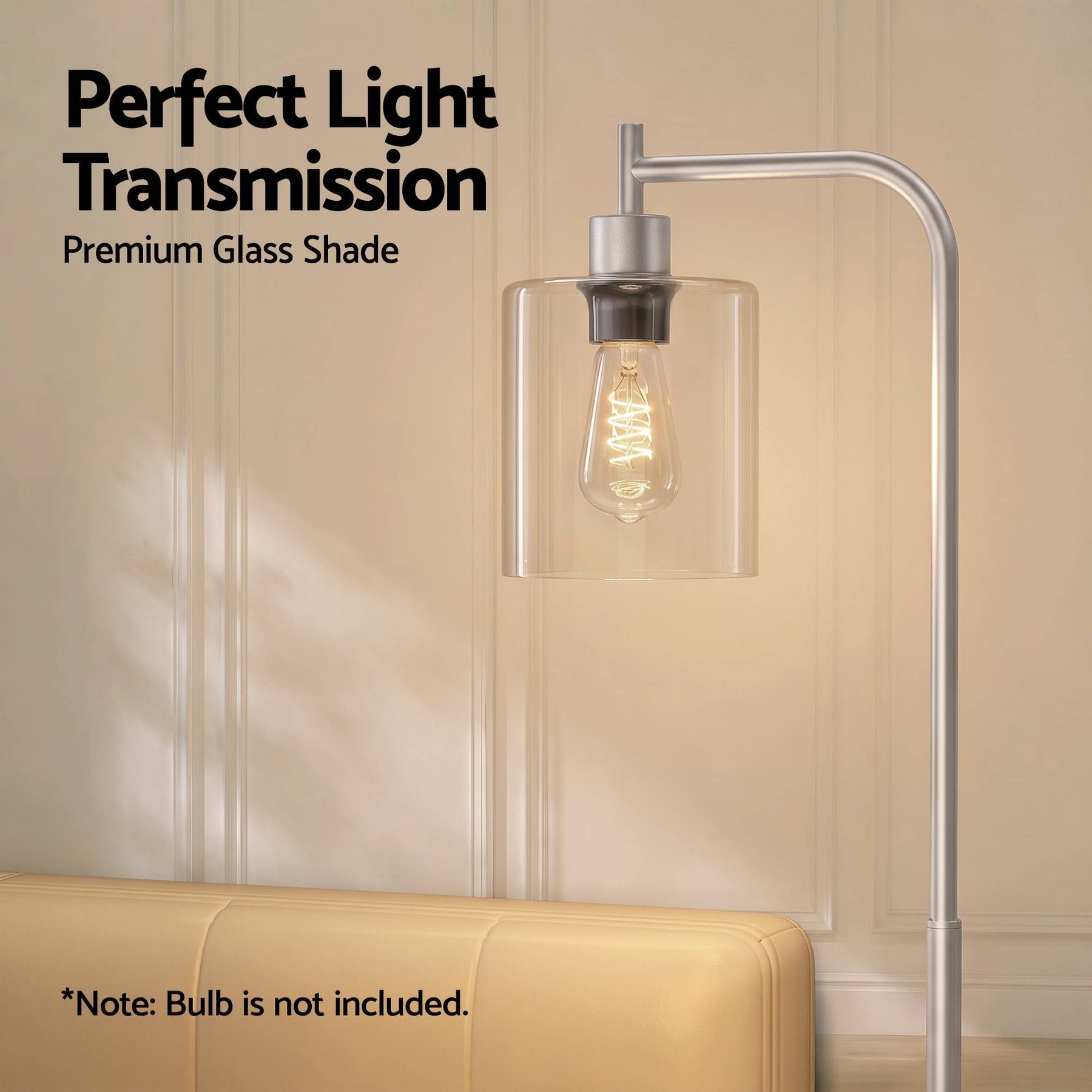 Artiss Floor Lamp Modern Industrial Standing Light with Clear Glass Shade, Silver Metal Tall Lamp for Living Room, Bedroom & Office, Anti-Tipping Weighted Base & Foot Switch (Bulb Not Included) - SportZone.co.nz