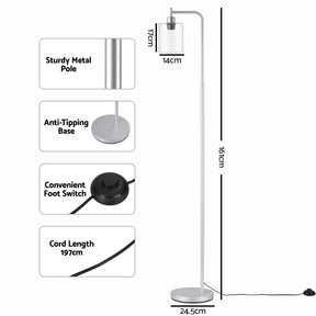 Artiss Floor Lamp Modern Industrial Standing Light with Clear Glass Shade, Silver Metal Tall Lamp for Living Room, Bedroom & Office, Anti-Tipping Weighted Base & Foot Switch (Bulb Not Included) - SportZone.co.nz