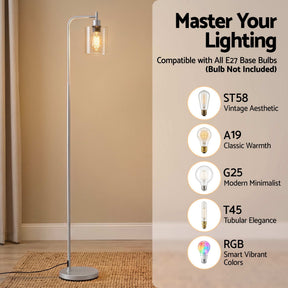 Artiss Floor Lamp Modern Industrial Standing Light with Clear Glass Shade, Silver Metal Tall Lamp for Living Room, Bedroom & Office, Anti-Tipping Weighted Base & Foot Switch (Bulb Not Included) - SportZone.co.nz
