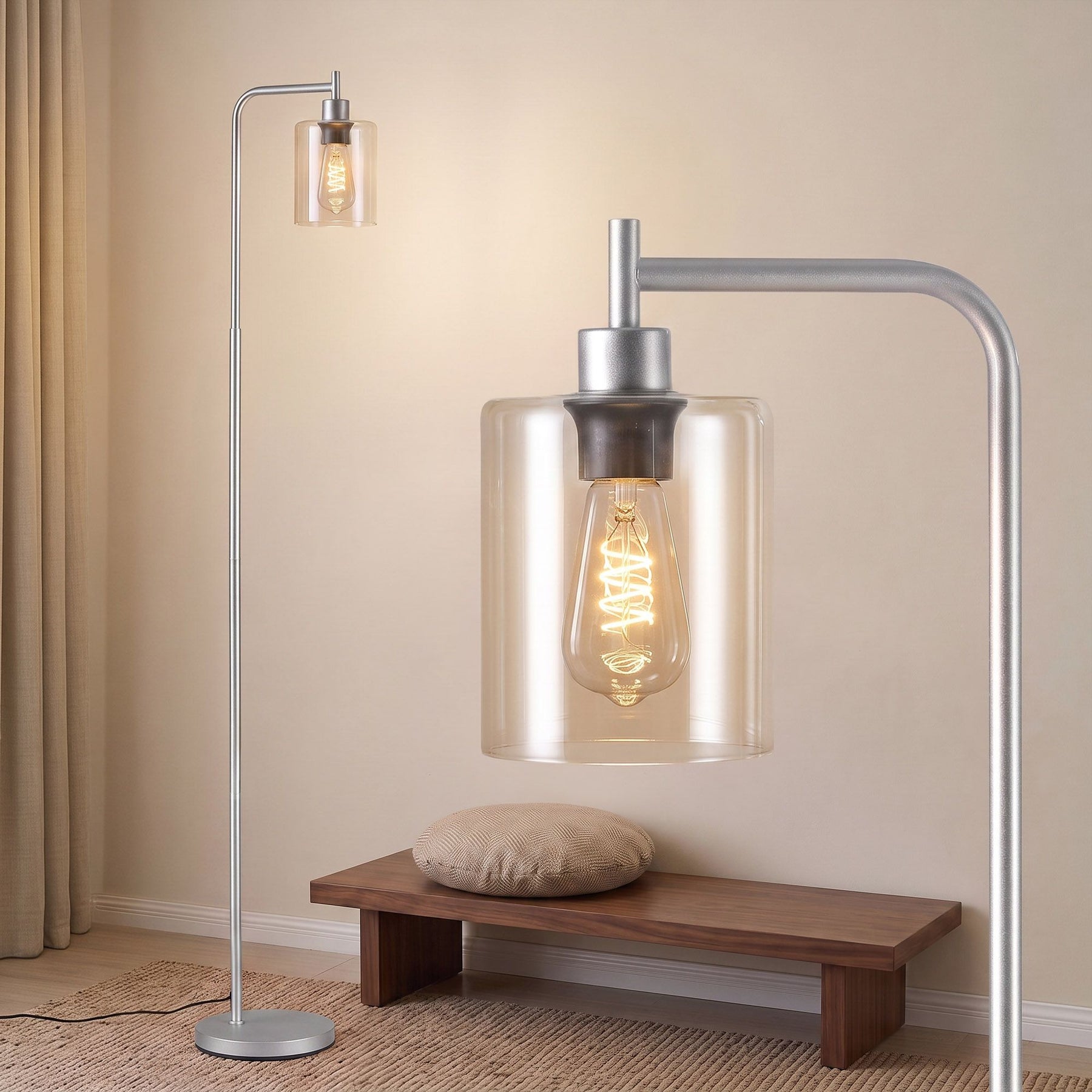 Artiss Floor Lamp Modern Industrial Standing Light with Clear Glass Shade, Silver Metal Tall Lamp for Living Room, Bedroom & Office, Anti-Tipping Weighted Base & Foot Switch (Bulb Not Included) - SportZone.co.nz