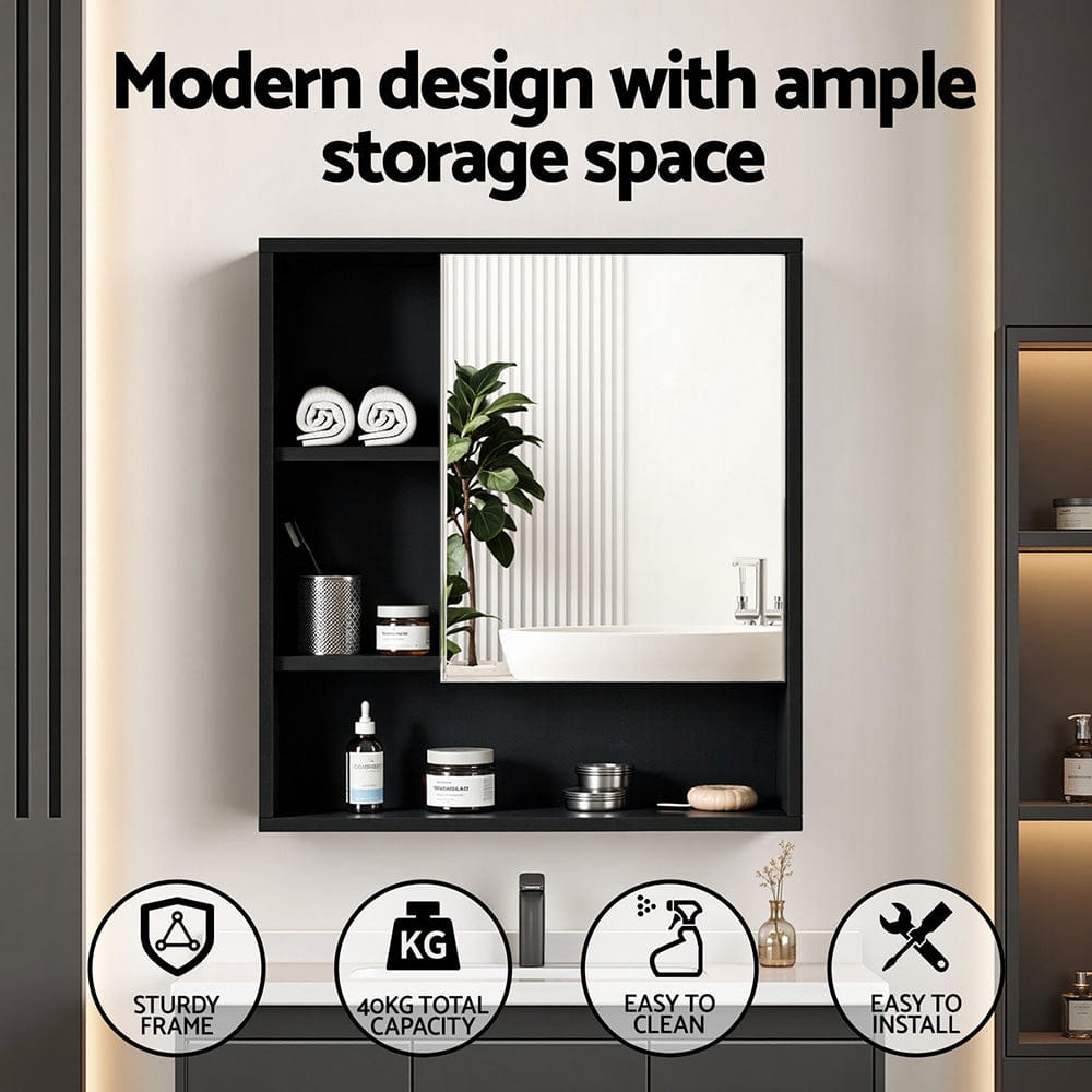 Cefito Bathroom Mirror Cabinet Mirrored Medicine Adjustable Shelf Wall Mounted 560mm Black - SportZone.co.nz