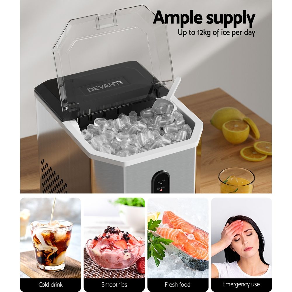 Devanti 12kg Ice Maker Machine w/Scoop Holder Silver - SportZone.co.nz