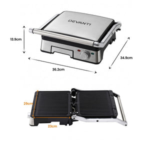 Devanti 2000W 3-in-1 Panini Press Grill Sandwich Maker 180° Open 4 Slice - SportZone.co.nz