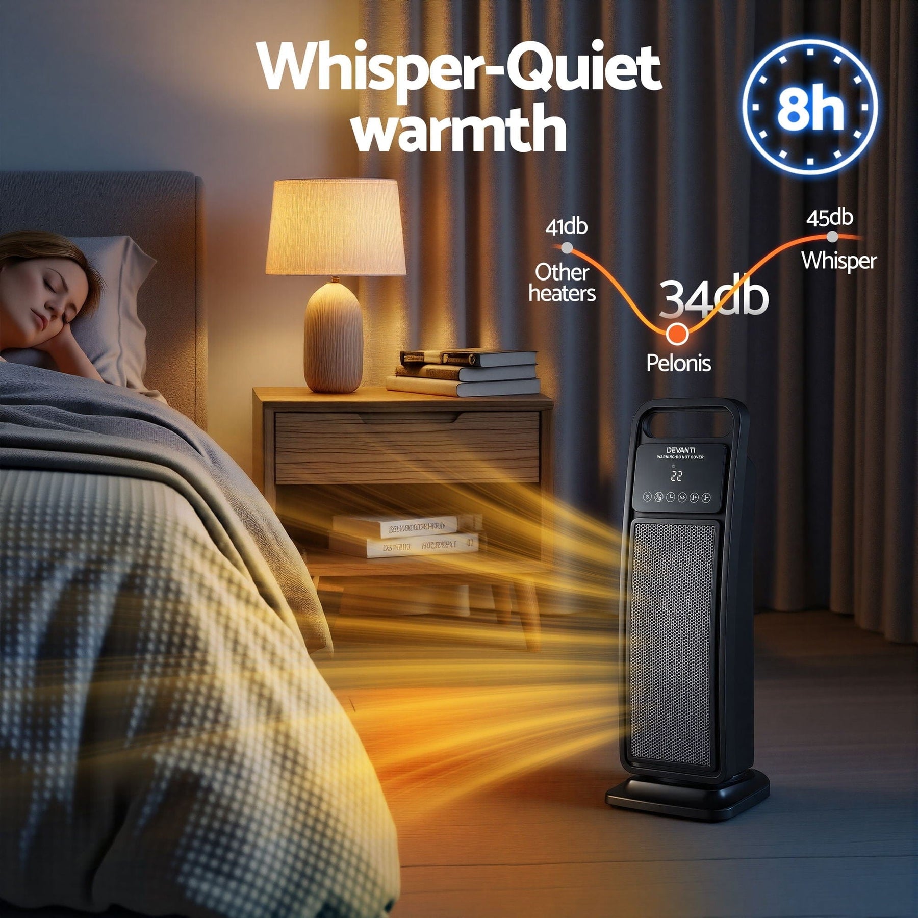 Devanti 2000W Ceramic Tower Heater Space Heaters Indoor Oscillating Black - SportZone.co.nz