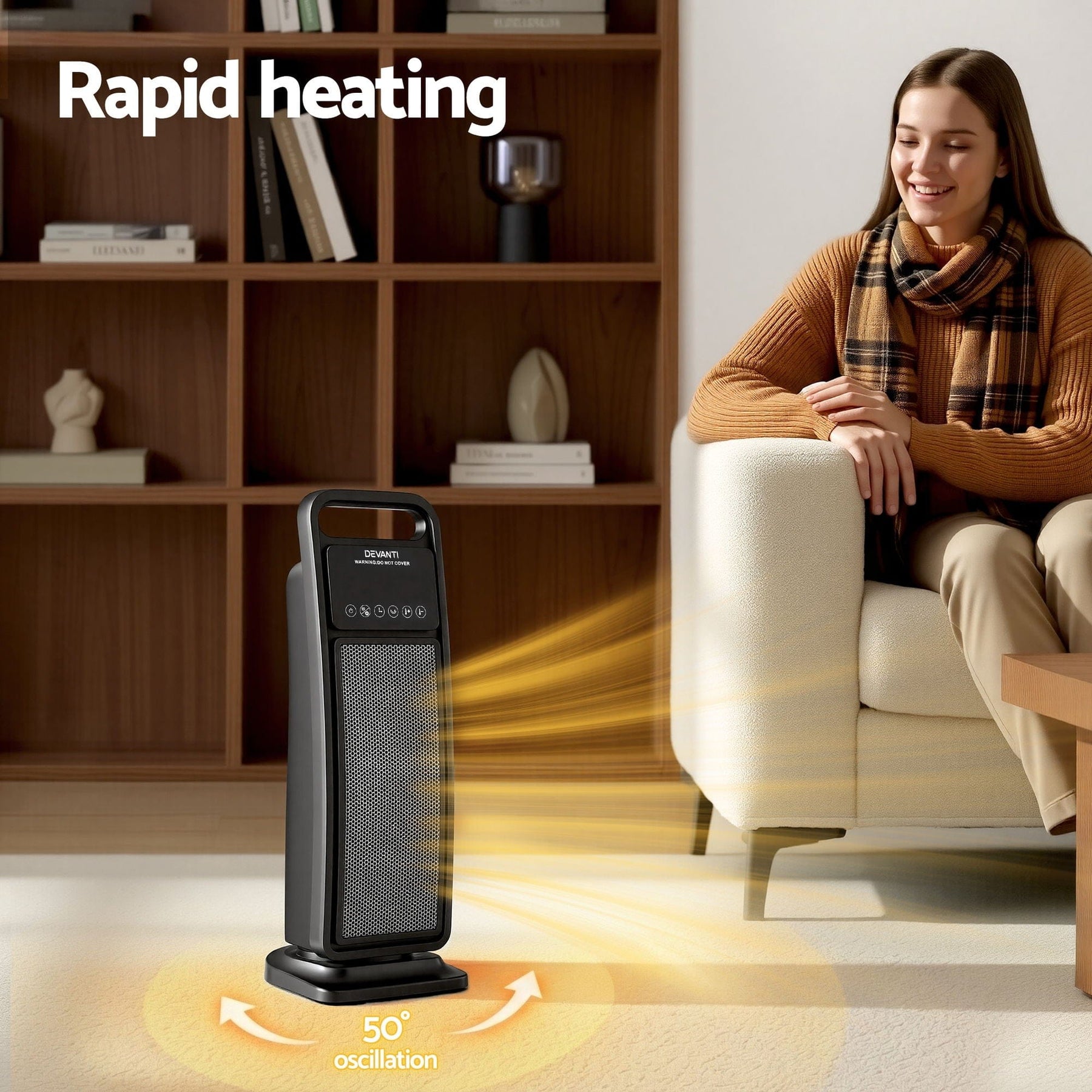 Devanti 2000W Ceramic Tower Heater Space Heaters Indoor Oscillating Black - SportZone.co.nz
