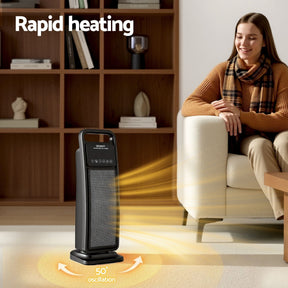 Devanti 2000W Ceramic Tower Heater Space Heaters Indoor Oscillating Black - SportZone.co.nz