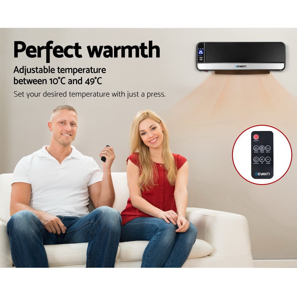 Devanti 2000W Wall Mounted Panel Heater - Black - SportZone.co.nz