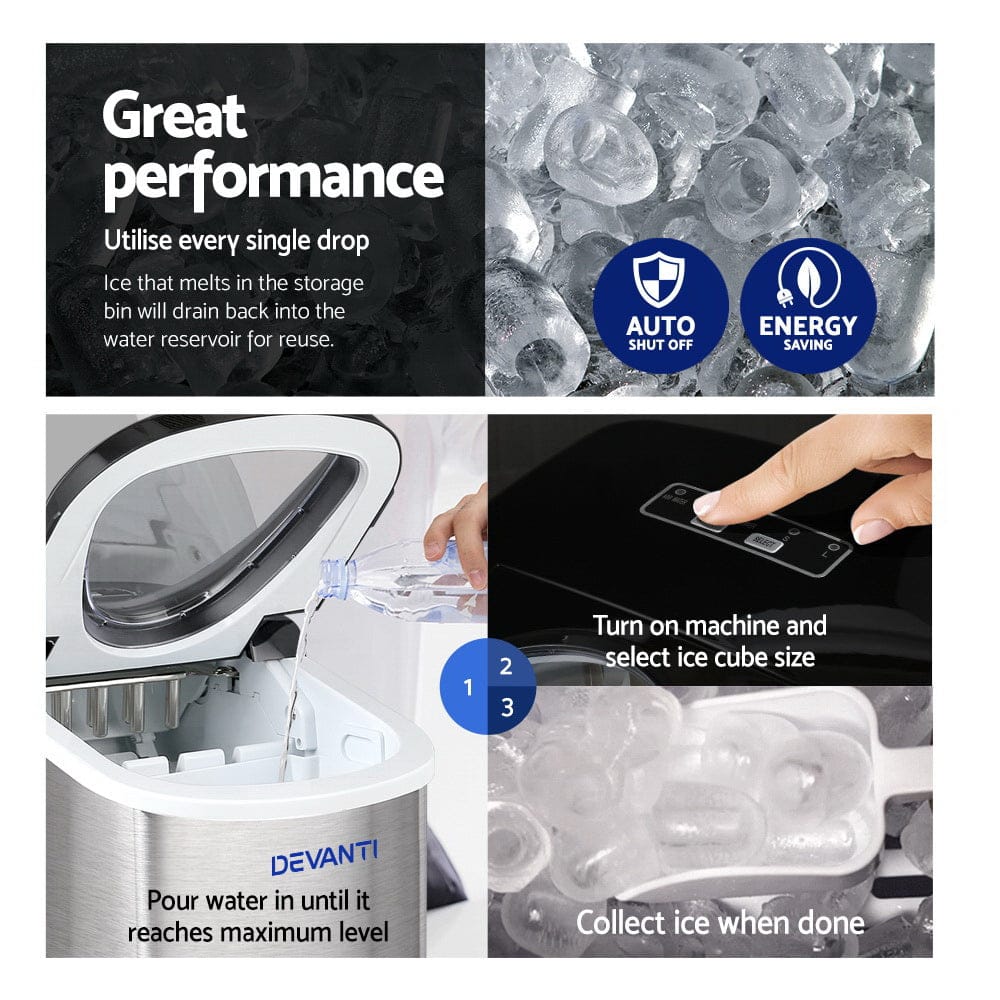 Devanti 2.4L Stainless Steel Portable Ice Cube Maker - SportZone.co.nz
