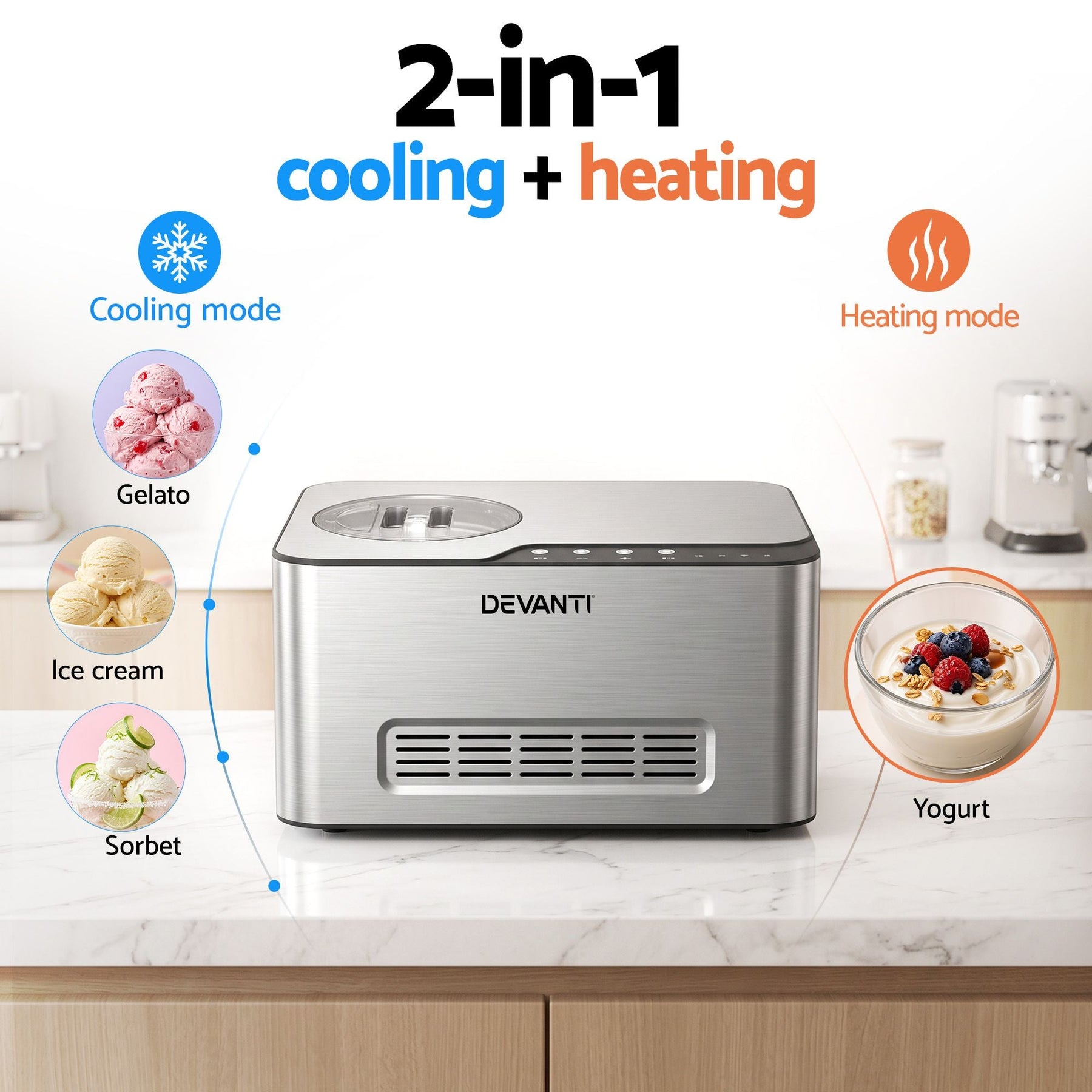 Devanti 2L 2-in-1 Ice Cream & Yogurt Maker Machine No Pre-Freezing Homemade Gelato Sorbet - SportZone.co.nz