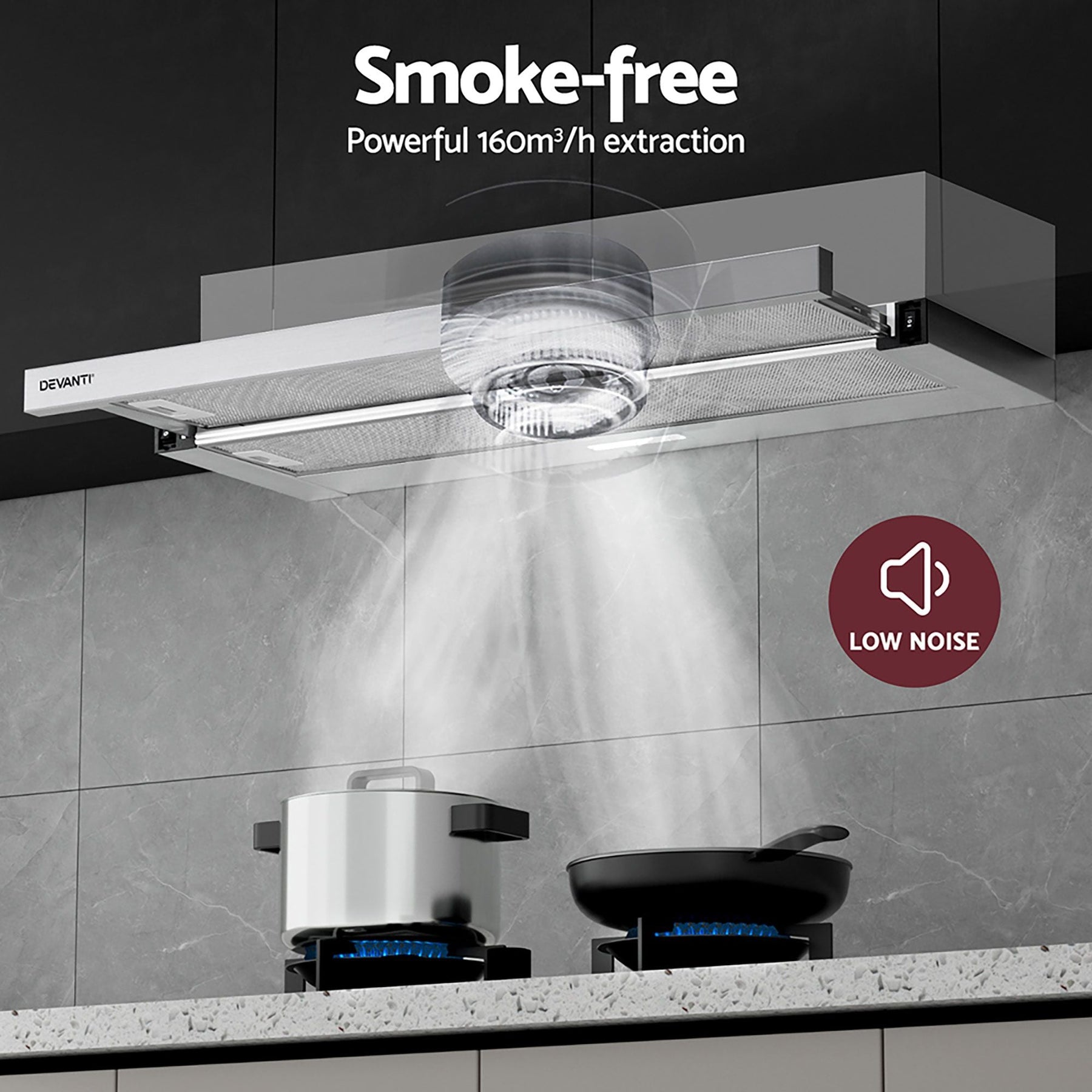 Devanti 900mm Range Hood 90cm Slide out Rangehood Stainless Steel - SportZone.co.nz