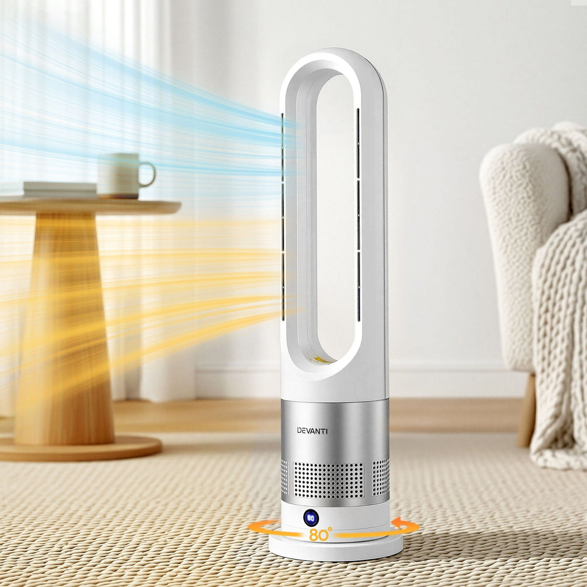 Devanti Bladeless Tower Fan Heater and Cooler 2in1 Portable Oscillation Fan for Bedroom Room Office Use White - SportZone.co.nz
