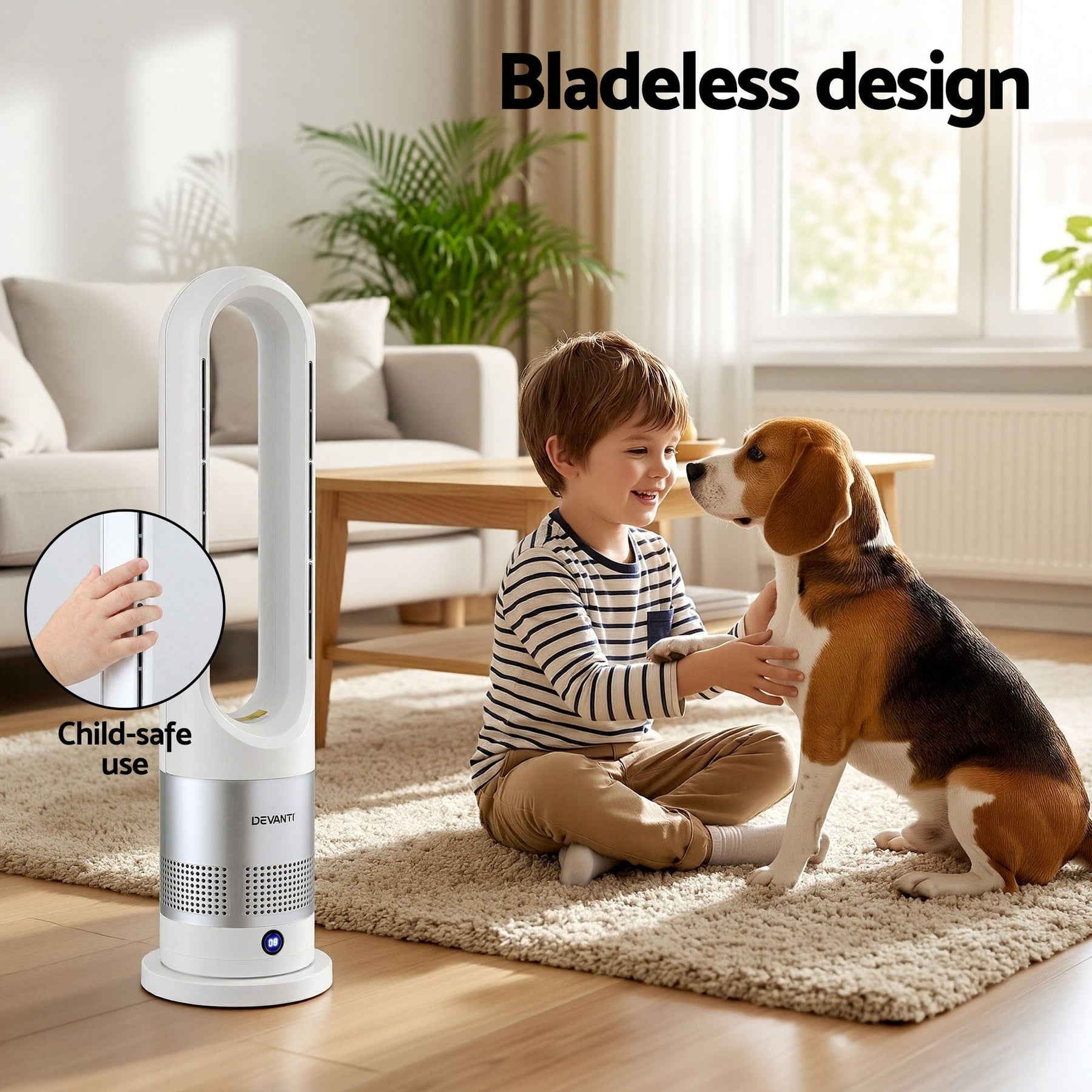 Devanti Bladeless Tower Fan Heater and Cooler 2in1 Portable Oscillation Fan for Bedroom Room Office Use White - SportZone.co.nz