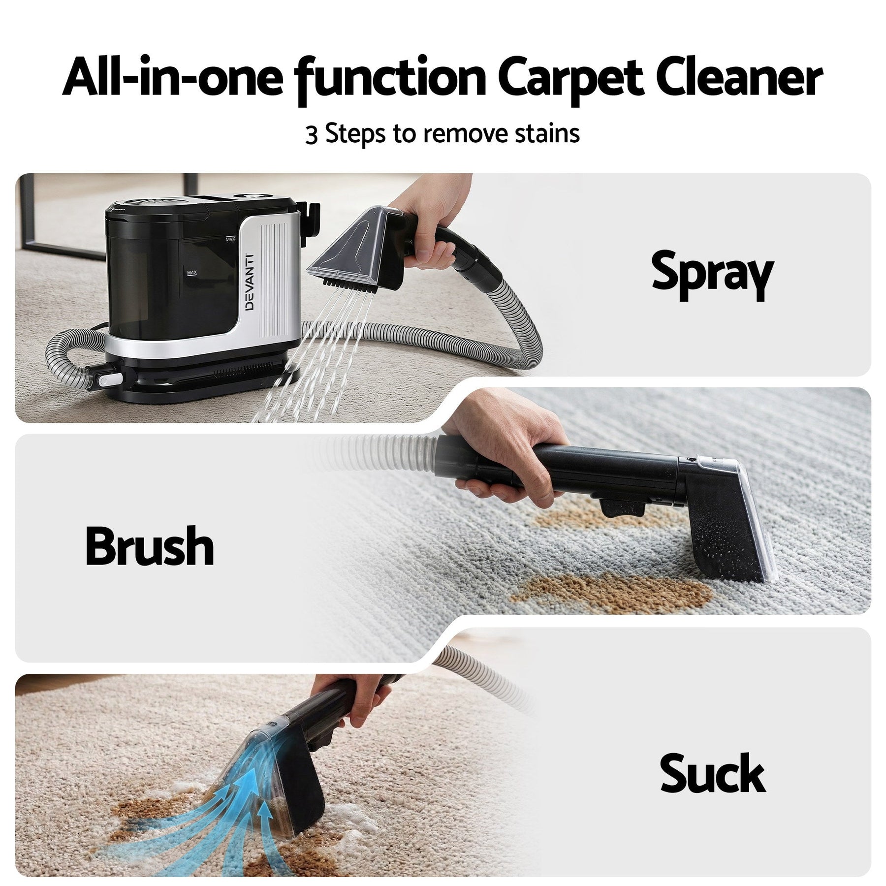 Devanti Carpet Washer Vacuum Cleaner 600W 13kpa Hose Self - Cleaning Function - SportZone.co.nz