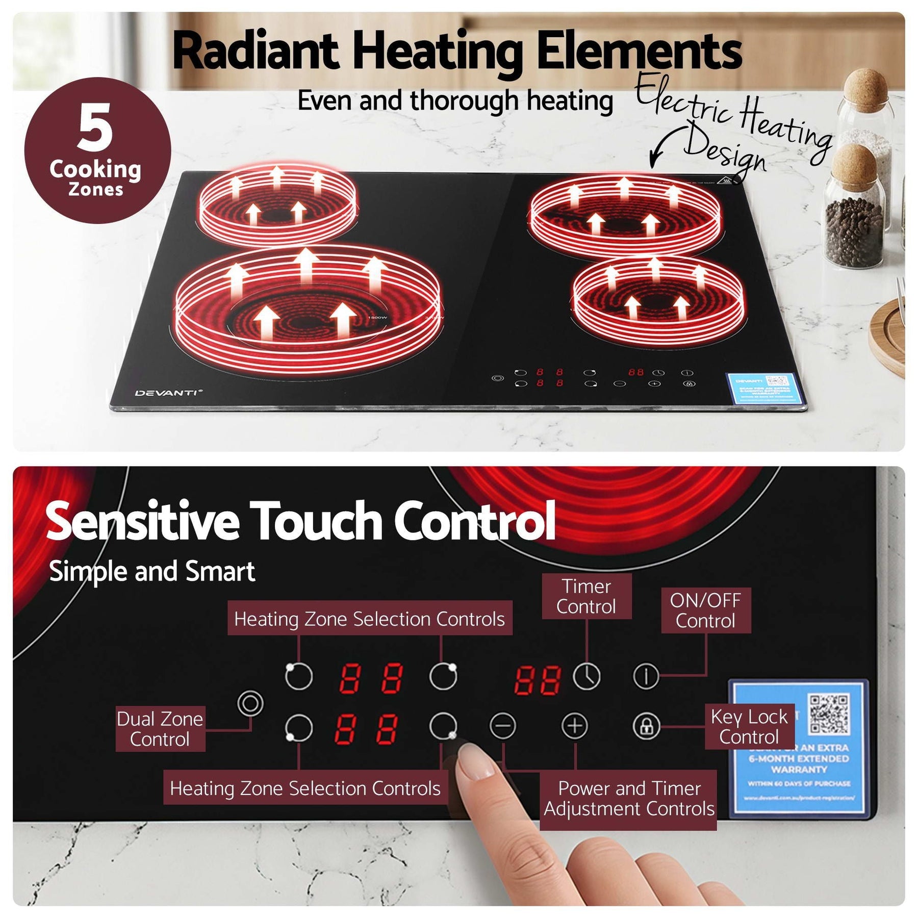 Devanti Ceramic Cooktop 5 Cooking Zone 4 Electric Hobs Touch Control 7600W Black - SportZone.co.nz