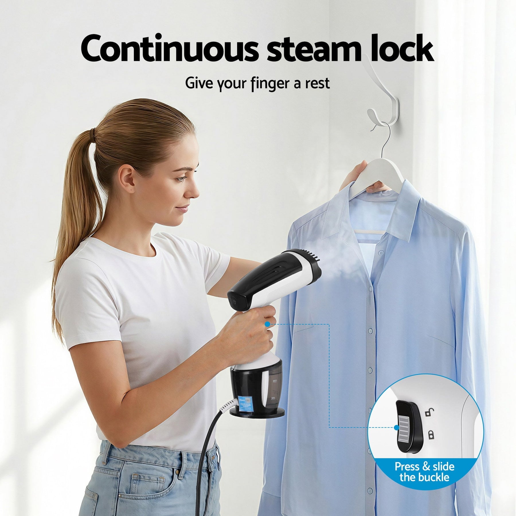 Devanti Clothes Steamer, 1500W Powerful Fast 30s Heat - Up Continuous Steam Lock 160ml Tank Fabric Brush Portable Handheld Steam Iron for Home Travel Business Trip - SportZone.co.nz