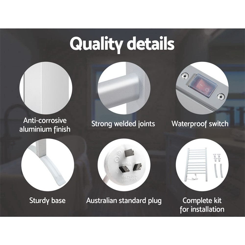 Devanti Electric Heated Towel Rail Rack 10 Bars Freestanding Clothes Dry Warmer - SportZone.co.nz