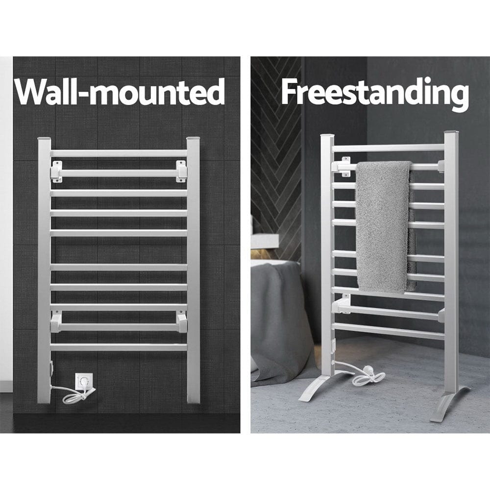 Devanti Electric Heated Towel Rail Rack 10 Bars Freestanding Clothes Dry Warmer - SportZone.co.nz