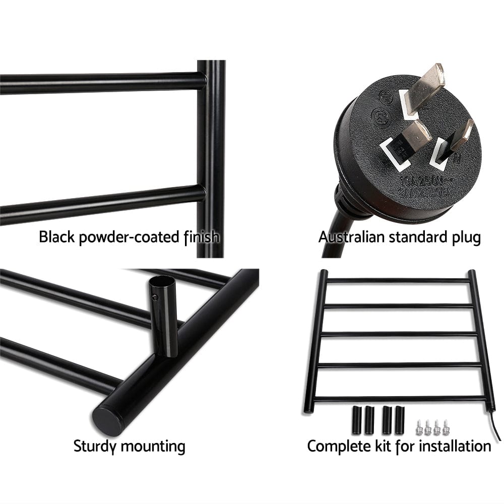 Devanti Electric Heated Towel Rail Rack 5 Bars Wall Mounted Clothes Dry Warmer - SportZone.co.nz