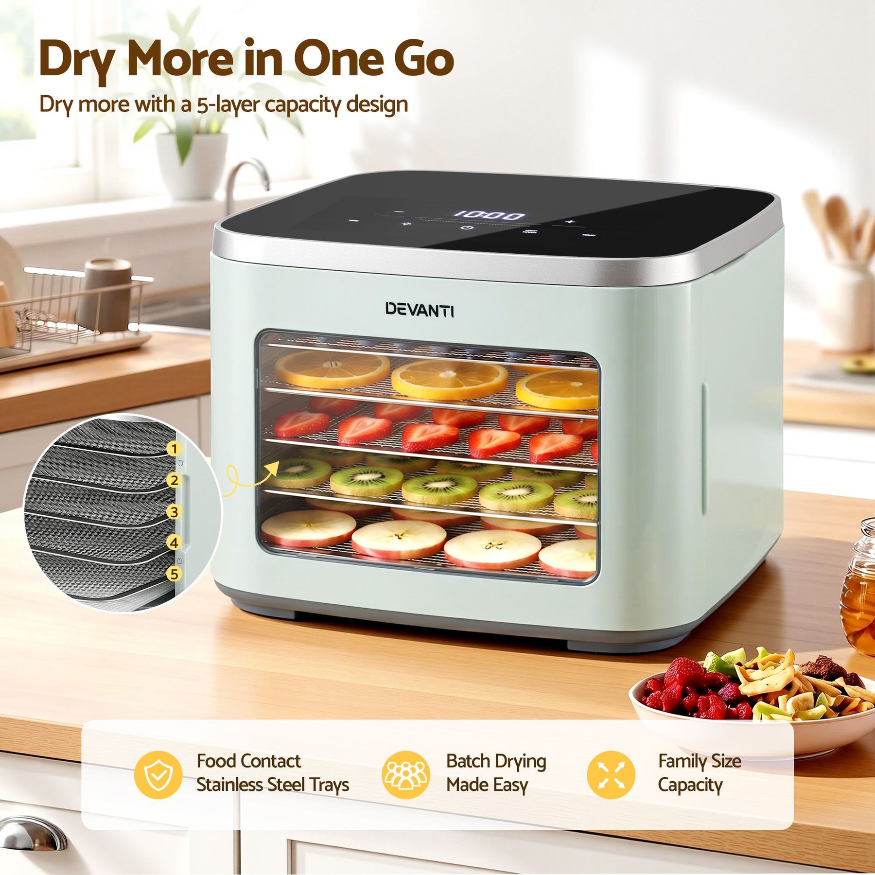 Devanti Food Dehydrator Machine 5 Tray Mini Fruit Dryer Maker Green - SportZone.co.nz