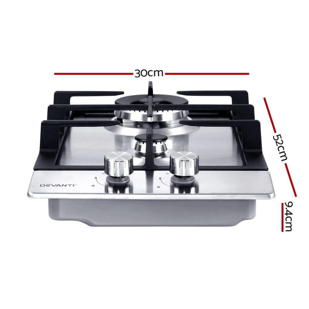 Devanti Gas Cooktop 30cm 2 Burner Silver - SportZone.co.nz