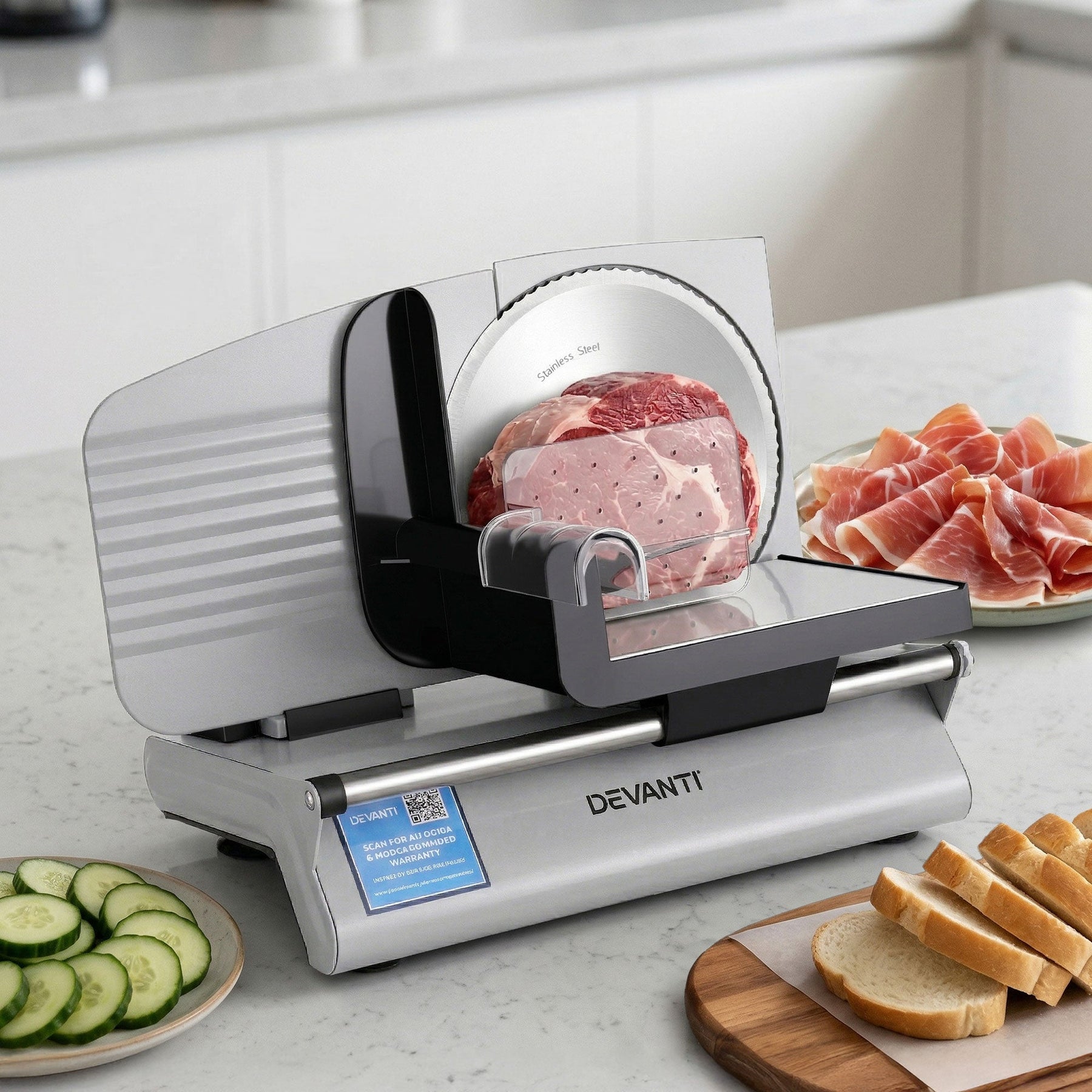 Devanti Meat Slicer Bread Vegetable, 200W Power 0 - 15mm Adjustable Easy Clean Stable Stainless Steel Blade Food Slicer for Kitchen Commercial, Silver - SportZone.co.nz