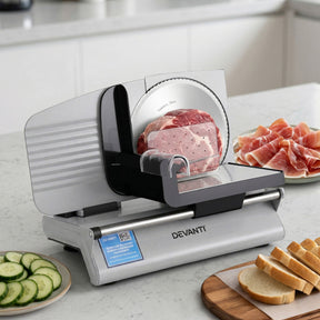 Devanti Meat Slicer Bread Vegetable, 200W Power 0 - 15mm Adjustable Easy Clean Stable Stainless Steel Blade Food Slicer for Kitchen Commercial, Silver - SportZone.co.nz