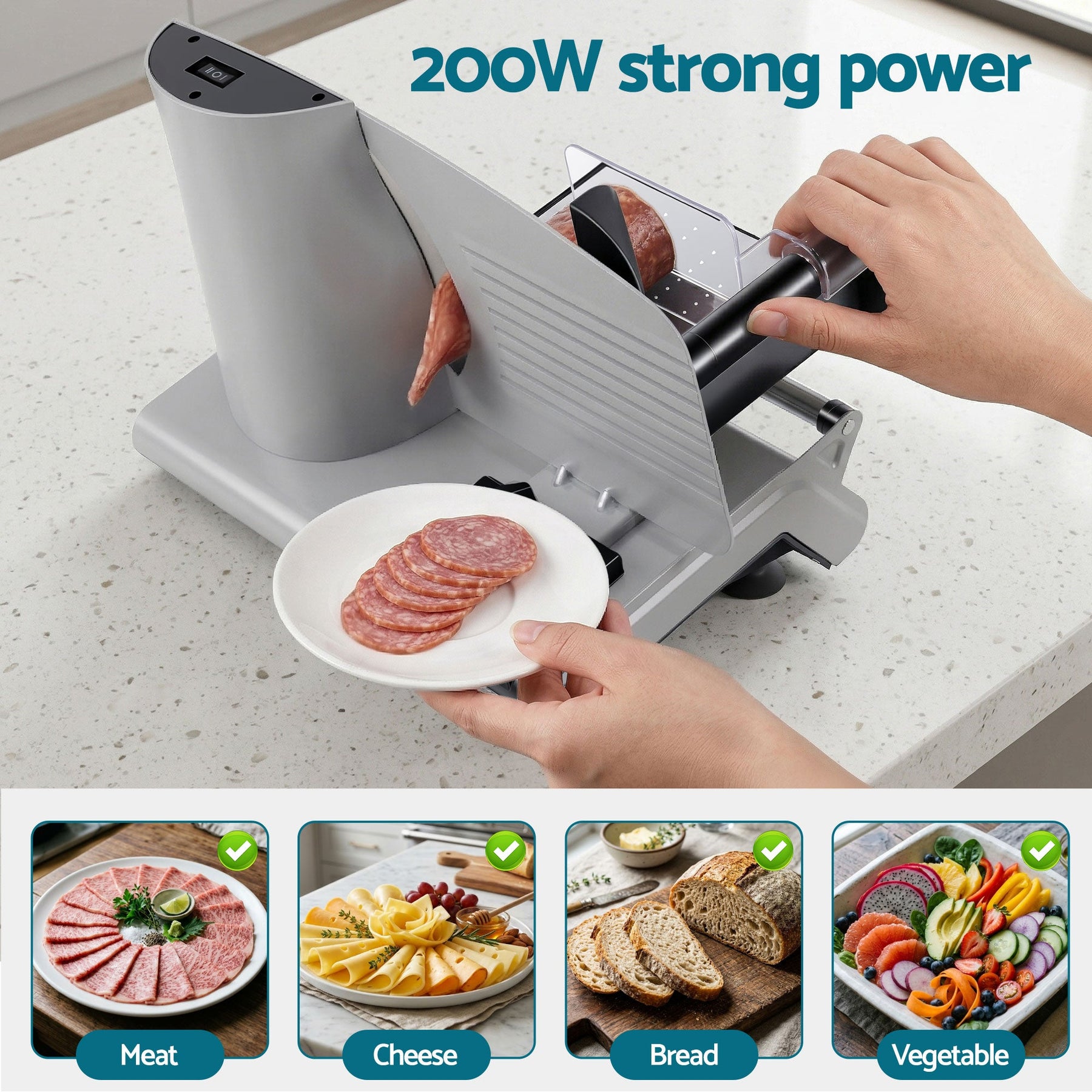 Devanti Meat Slicer Bread Vegetable, 200W Power 0 - 15mm Adjustable Easy Clean Stable Stainless Steel Blade Food Slicer for Kitchen Commercial, Silver - SportZone.co.nz