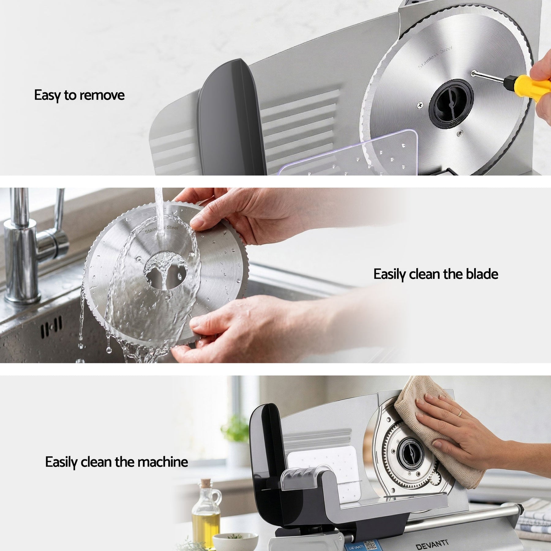 Devanti Meat Slicer Bread Vegetable, 200W Power 0 - 15mm Adjustable Easy Clean Stable Stainless Steel Blade Food Slicer for Kitchen Commercial, Silver - SportZone.co.nz