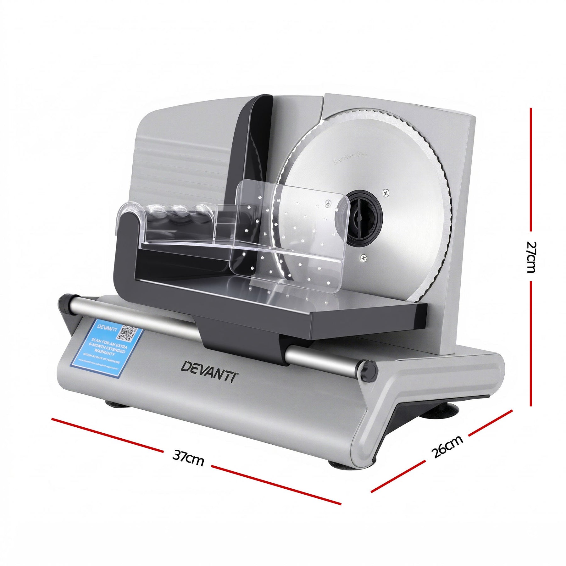Devanti Meat Slicer Bread Vegetable, 200W Power 0 - 15mm Adjustable Easy Clean Stable Stainless Steel Blade Food Slicer for Kitchen Commercial, Silver - SportZone.co.nz